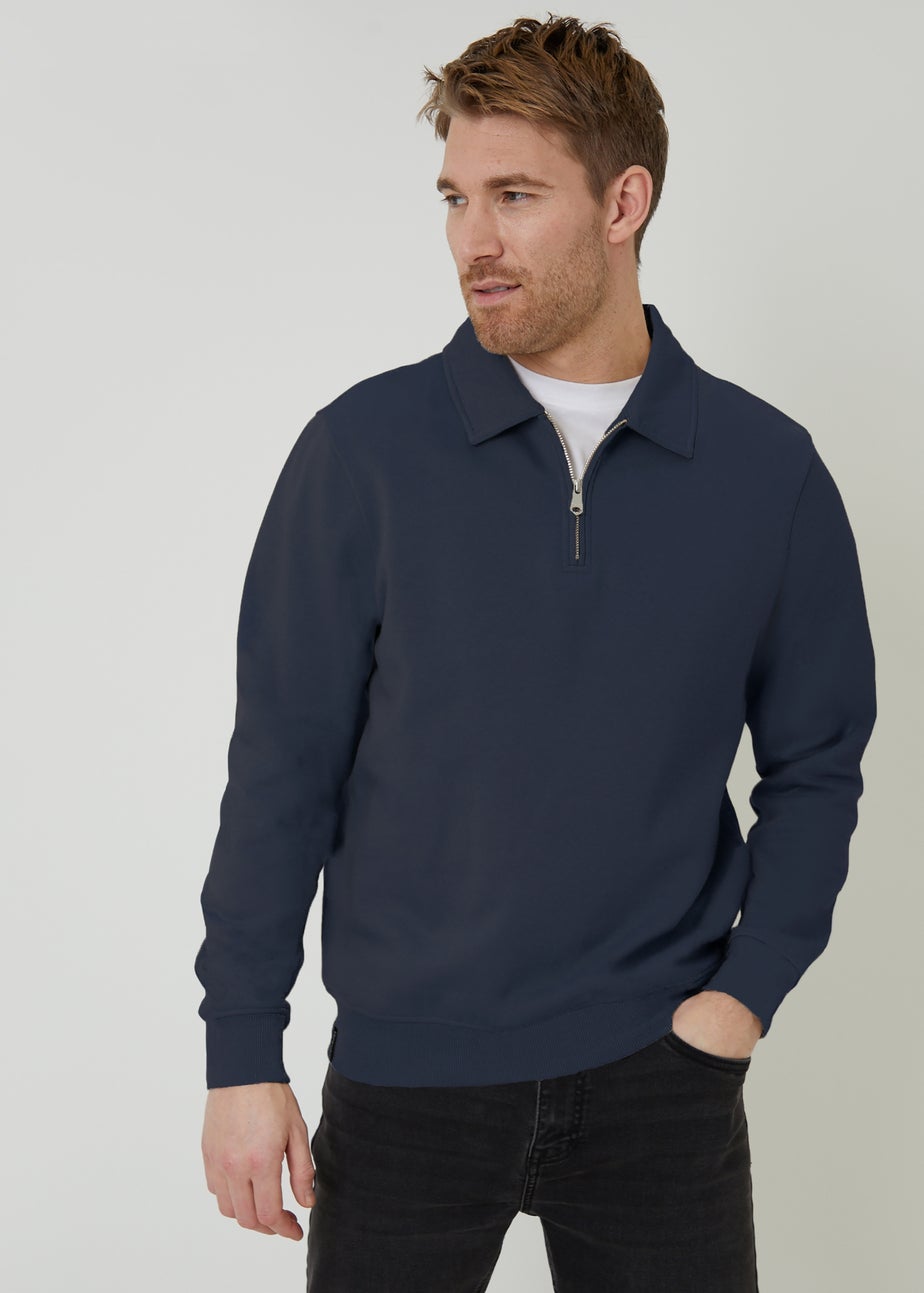 Threadbare Navy Quarter Zip Collared Sweatshirt