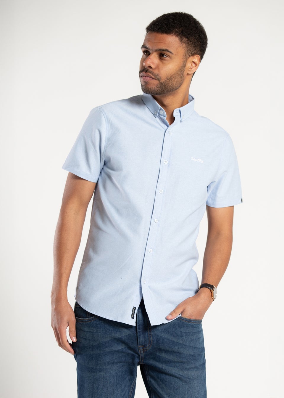 Tokyo Laundry Light Blue Cotton Short Sleeved Button-Up Oxford Shirt