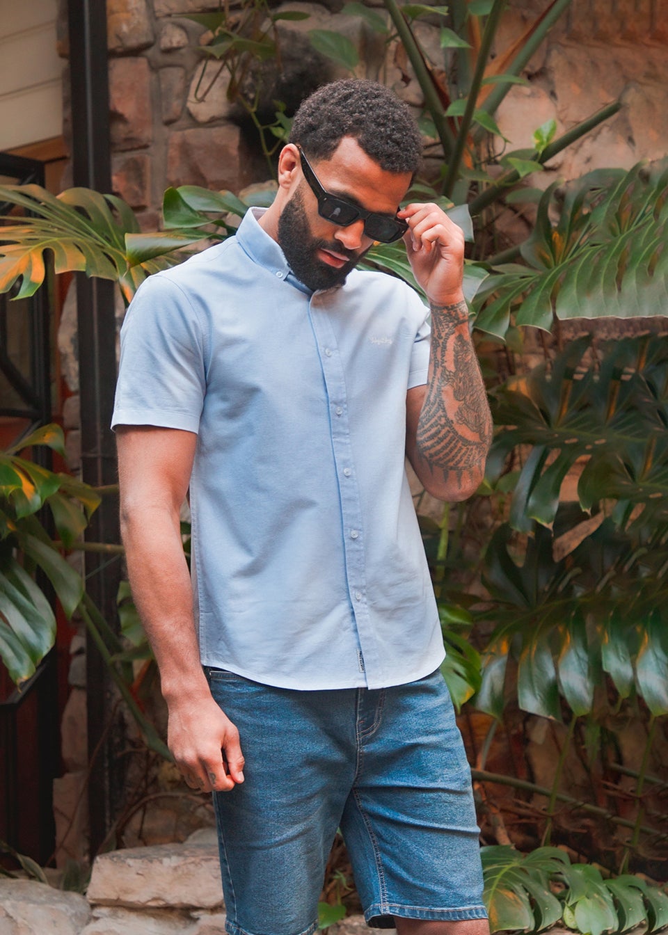 Tokyo Laundry Light Blue Cotton Short Sleeved Button-Up Oxford Shirt