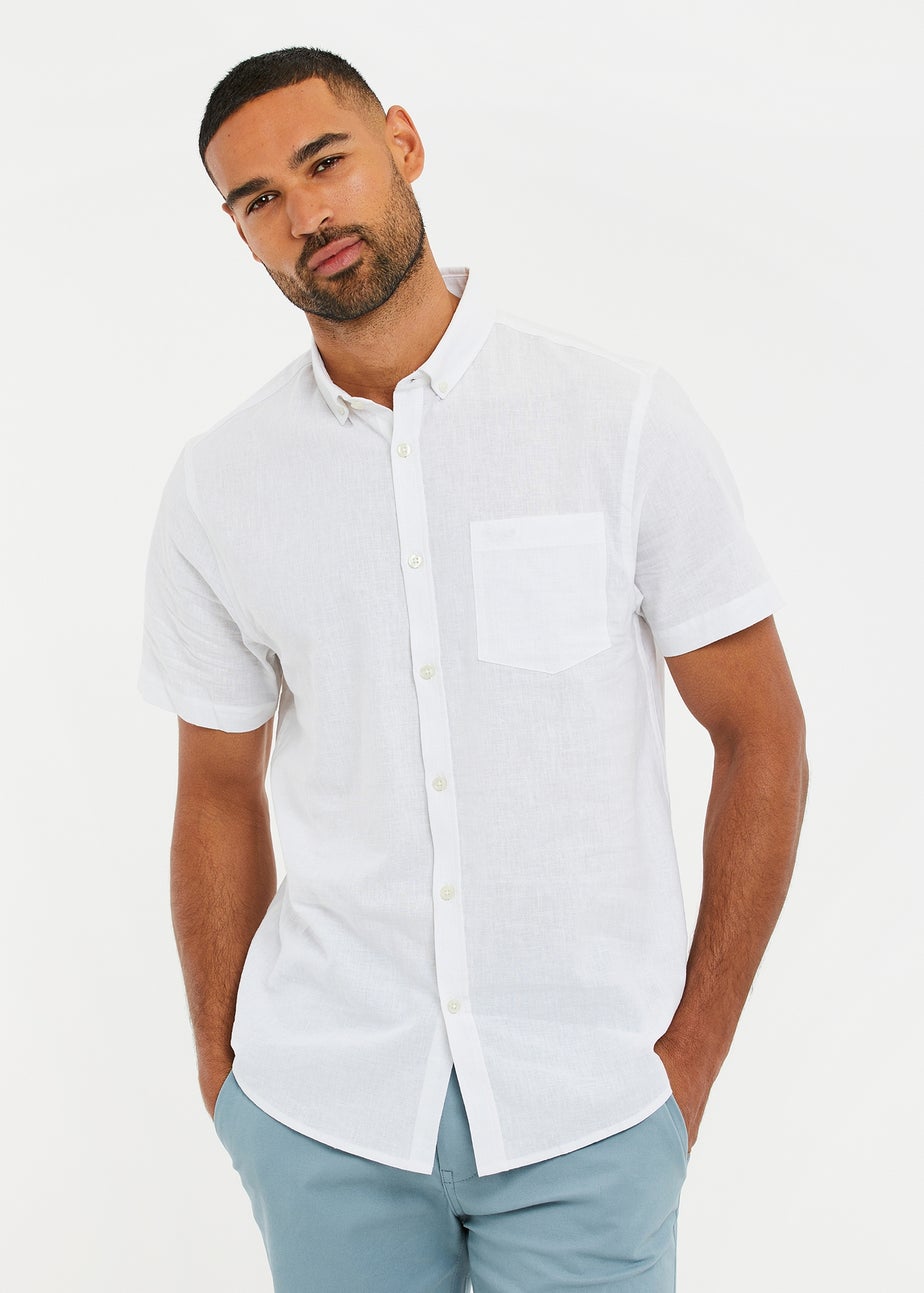 Threadbare White Dragon Cotton-Linen Blend Short-Sleeve Shirt