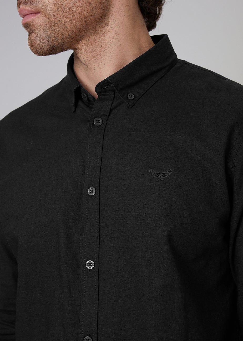 Threadbare Black Slim Fit Linen Blend Long Sleeve Shirt