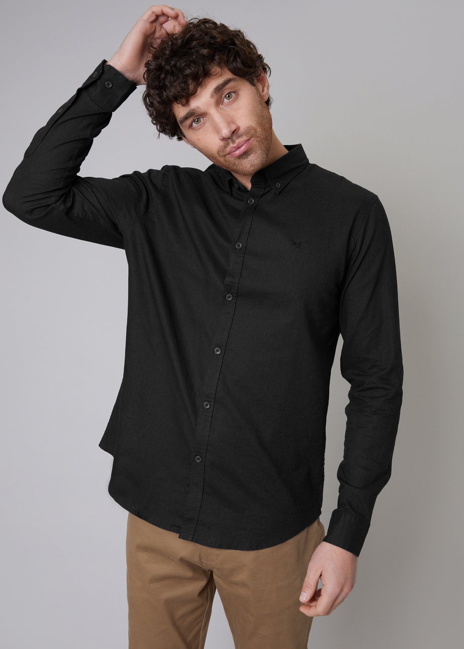 Threadbare Black Slim Fit Linen Blend Long Sleeve Shirt