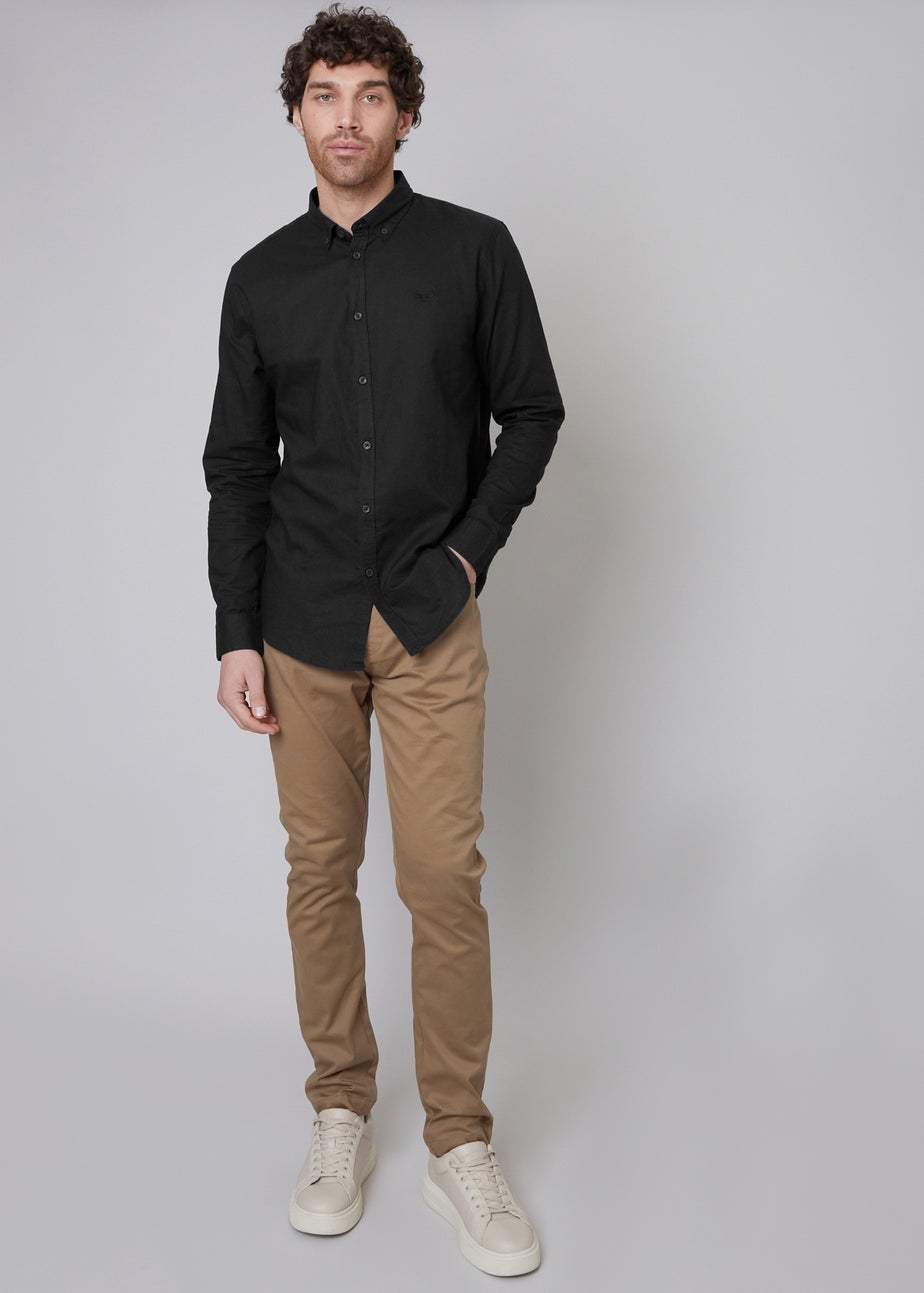 Threadbare Black Slim Fit Linen Blend Long Sleeve Shirt