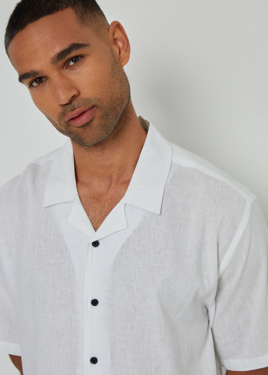 Threadbare White Kylian Linen Blend Revere Collar Short Sleeve Shirt