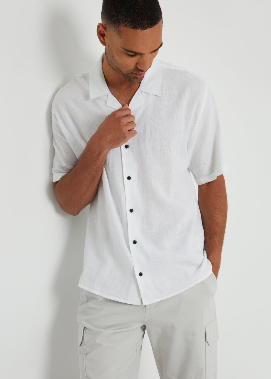 Threadbare White Kylian Linen Blend Revere Collar Short Sleeve Shirt