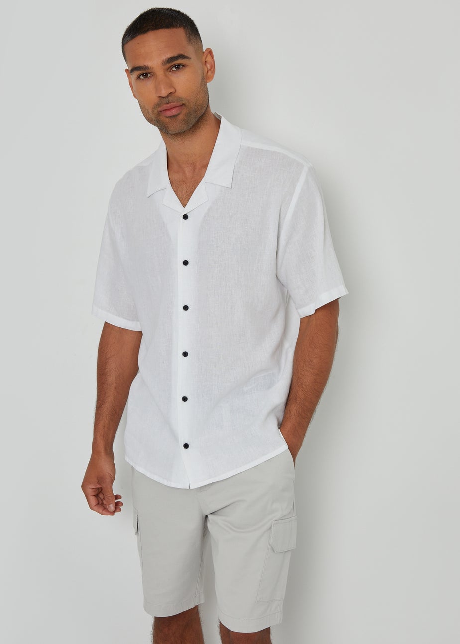 Threadbare White Kylian Linen Blend Revere Collar Short Sleeve Shirt