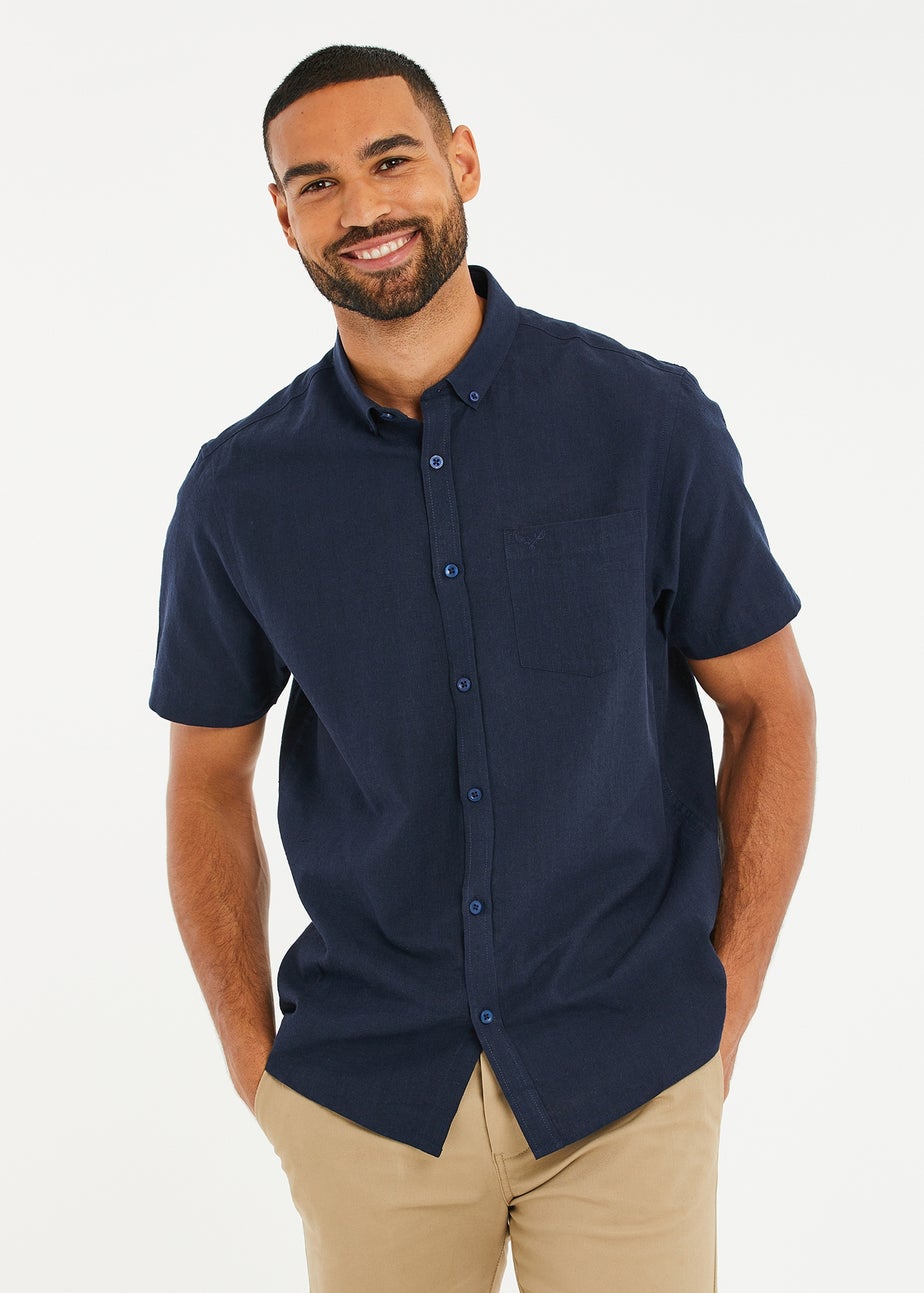 Threadbare Navy Dragon Cotton-Linen Blend Short-Sleeve Shirt