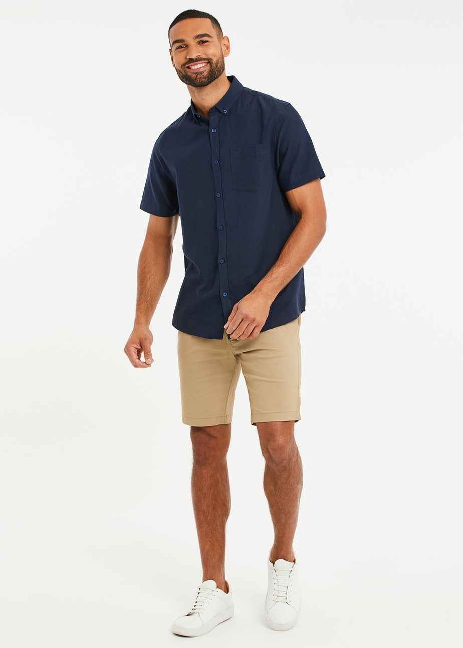 Threadbare Navy Dragon Cotton-Linen Blend Short-Sleeve Shirt