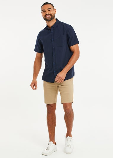 Threadbare Navy Dragon Cotton-Linen Blend Short-Sleeve Shirt