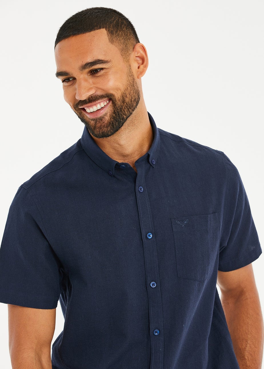 Threadbare Navy Dragon Cotton-Linen Blend Short-Sleeve Shirt