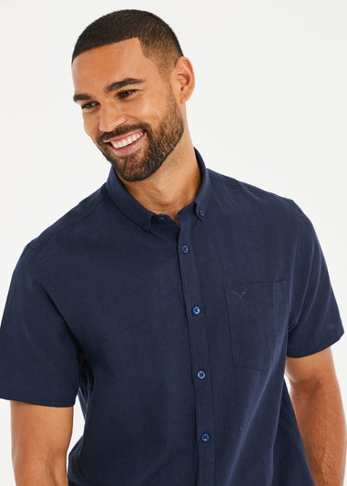 Threadbare Navy Dragon Cotton-Linen Blend Short-Sleeve Shirt