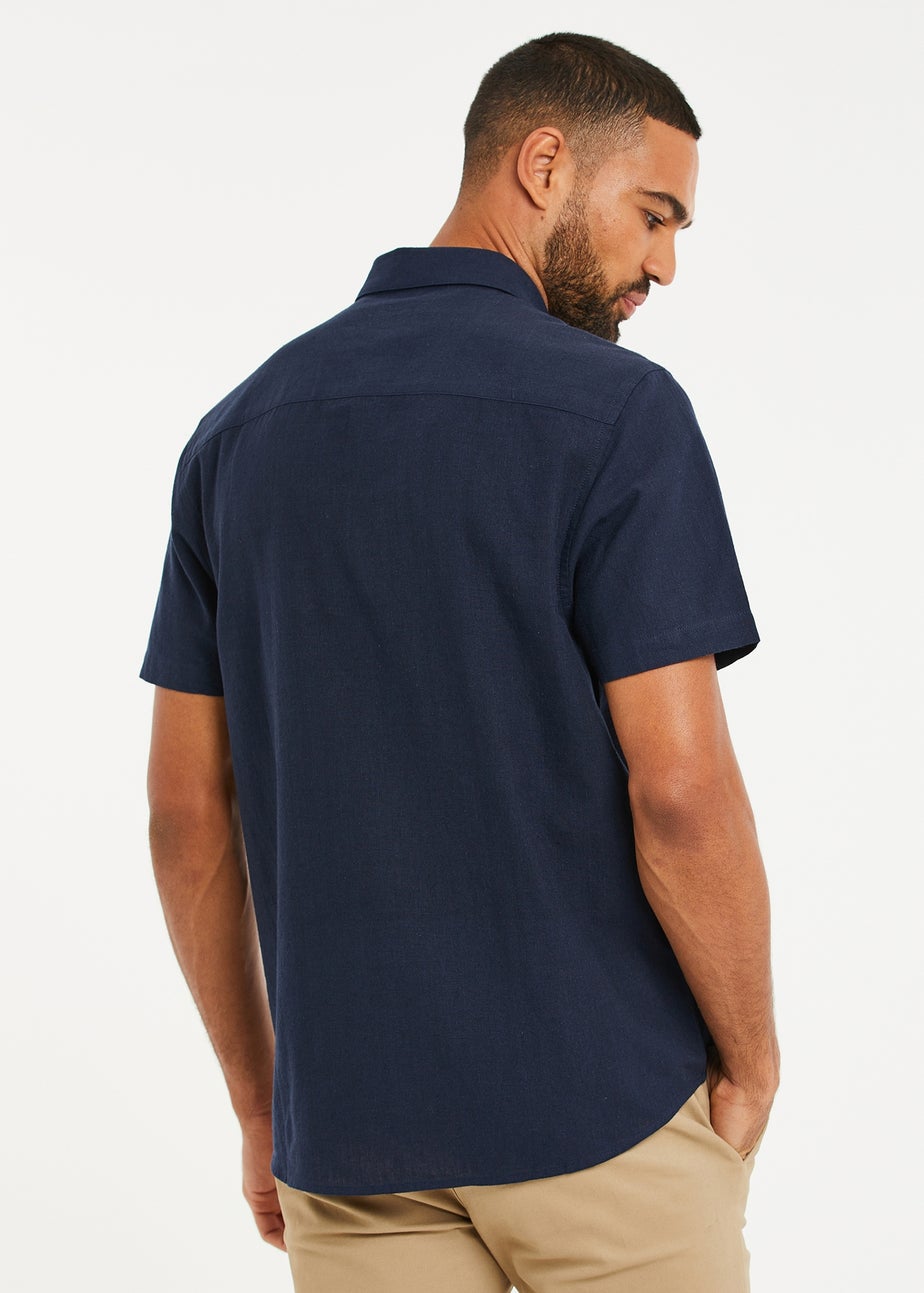 Threadbare Navy Dragon Cotton-Linen Blend Short-Sleeve Shirt