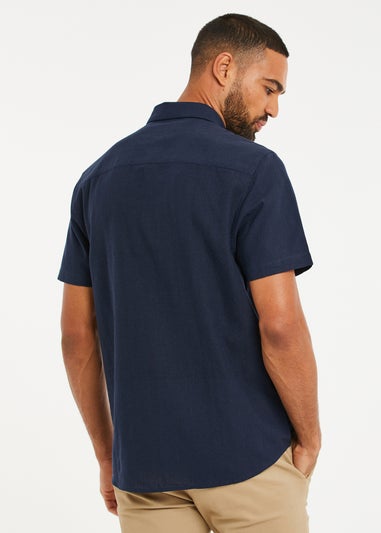 Threadbare Navy Dragon Cotton-Linen Blend Short-Sleeve Shirt