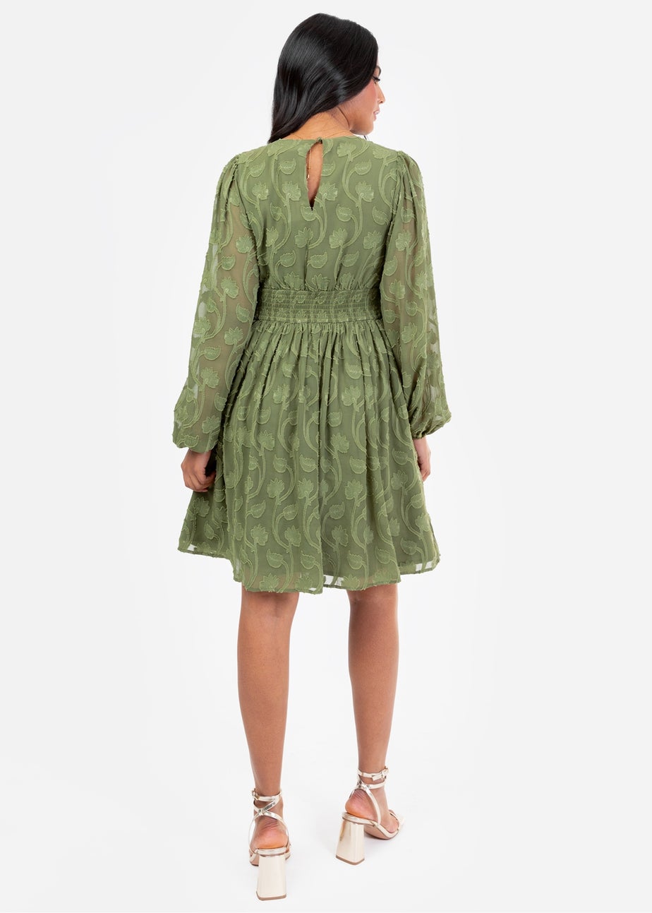 Lovedrobe Khaki Long Sleeve Floral Burn Out Mini Dress