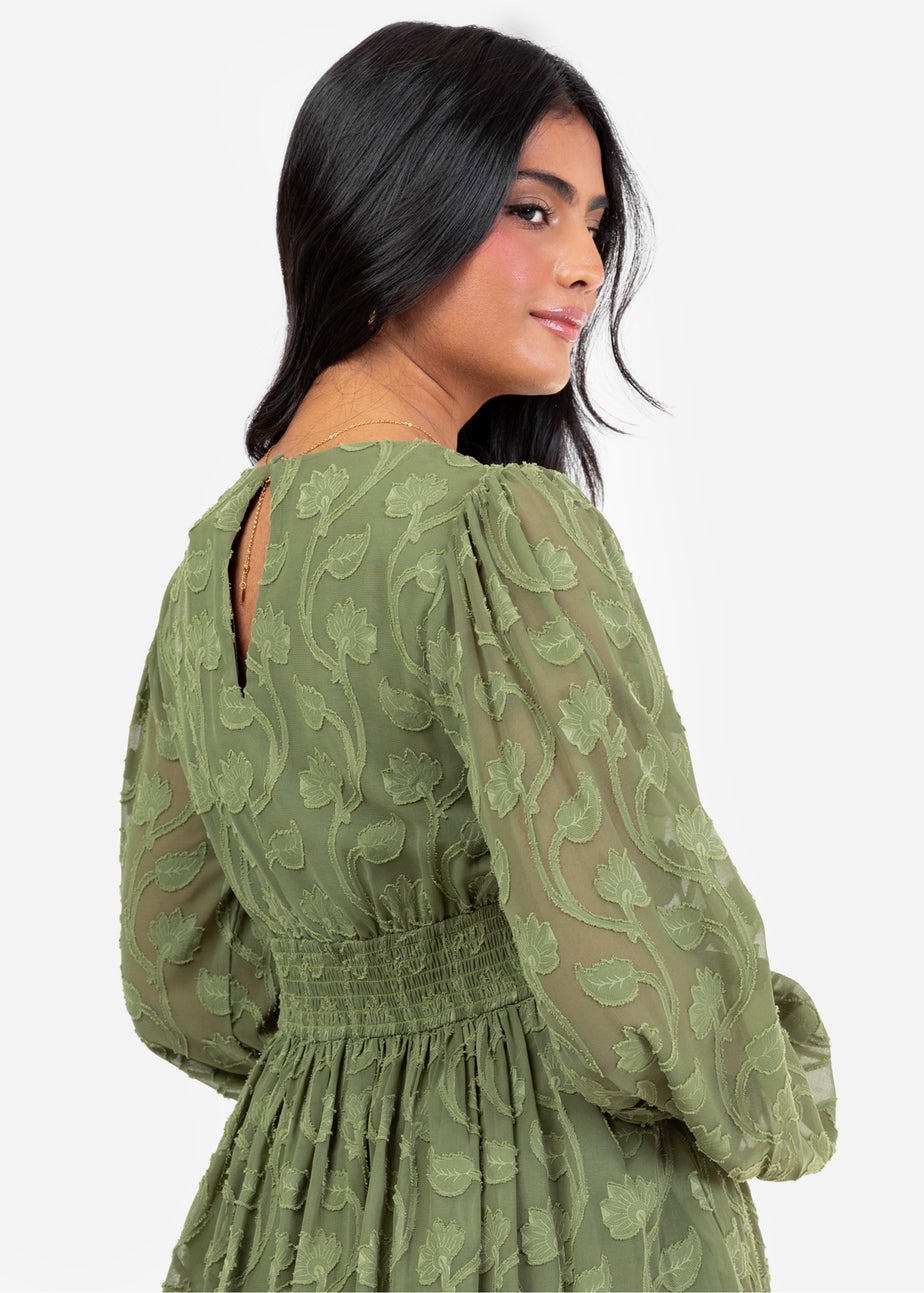 Lovedrobe Khaki Long Sleeve Floral Burn Out Mini Dress