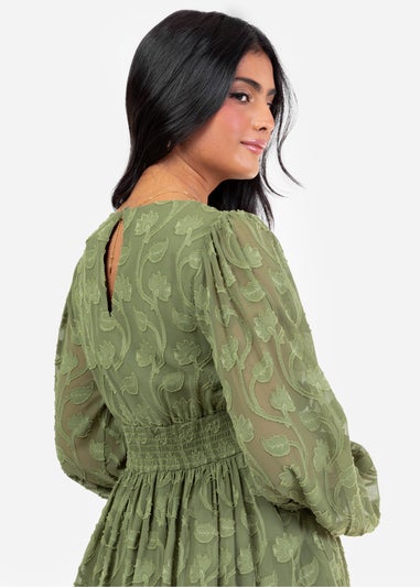 Lovedrobe Khaki Long Sleeve Floral Burn Out Mini Dress