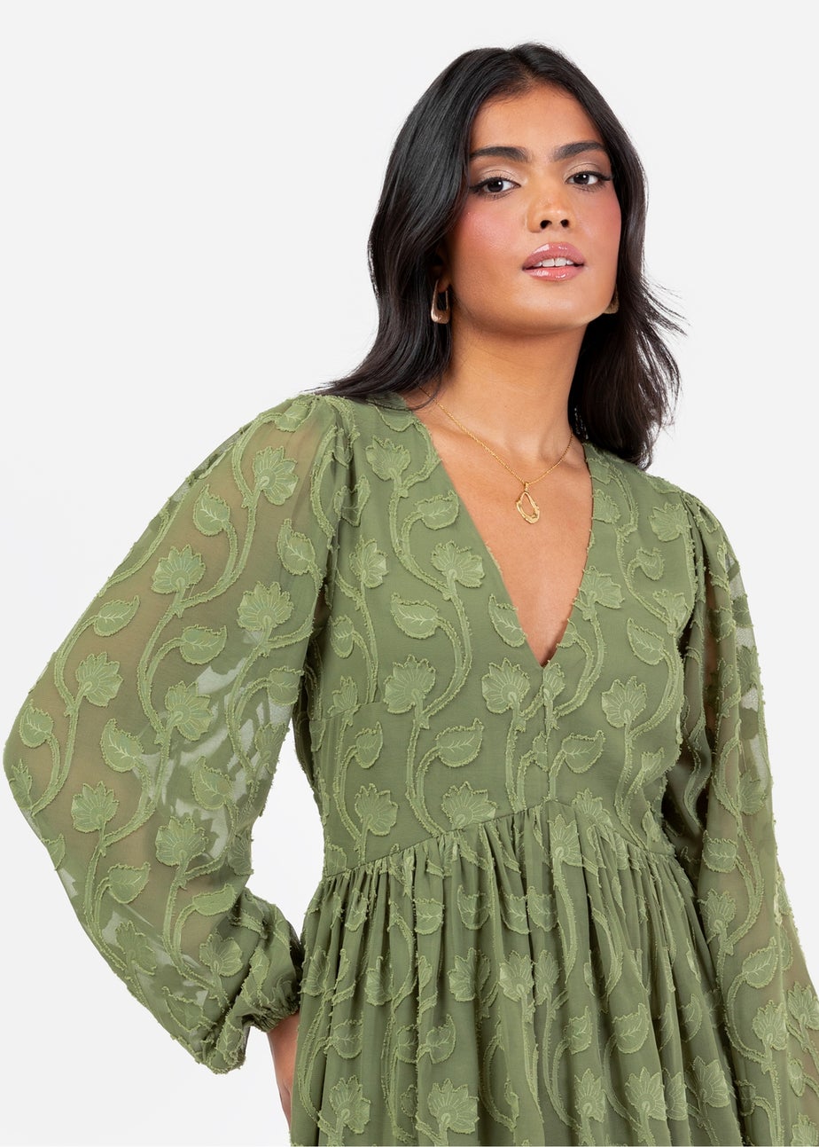 Lovedrobe Khaki Long Sleeve Floral Burn Out Mini Dress