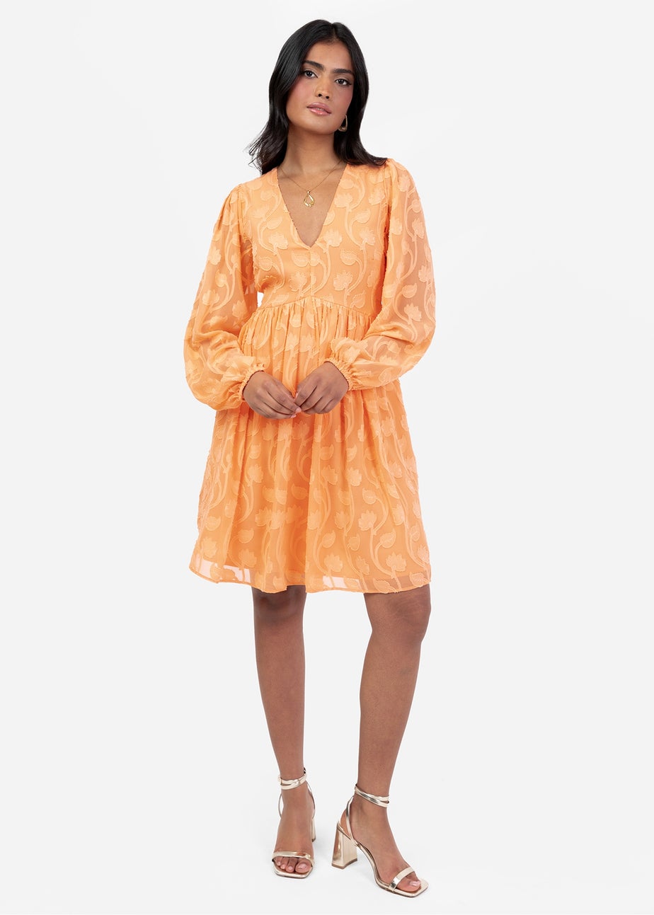 Lovedrobe Orange Puff Sleeve V-Neck Shirred Waist Mini Dress