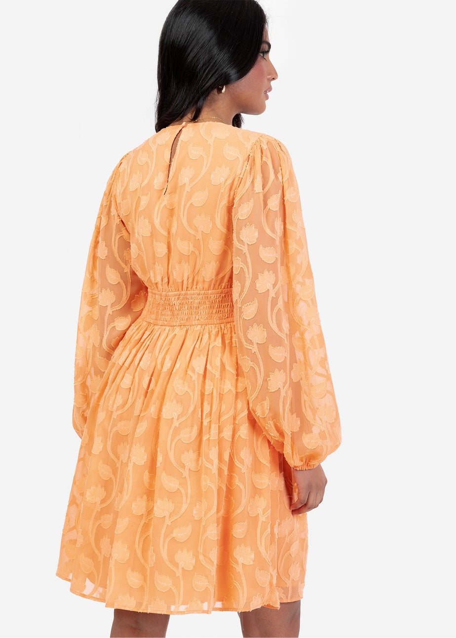 Lovedrobe Orange Puff Sleeve V-Neck Shirred Waist Mini Dress