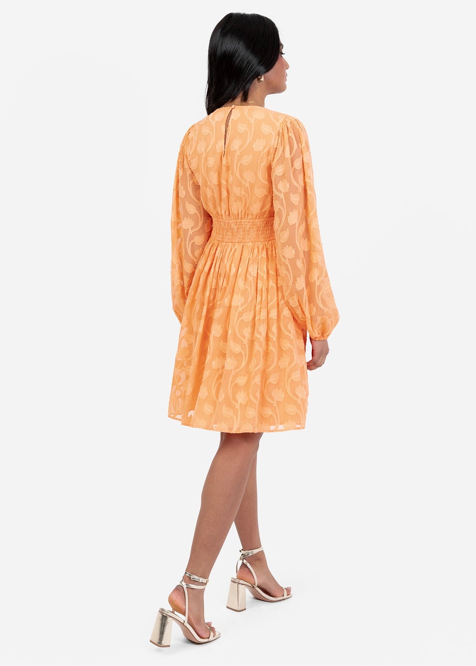 Lovedrobe Orange Puff Sleeve V-Neck Shirred Waist Mini Dress