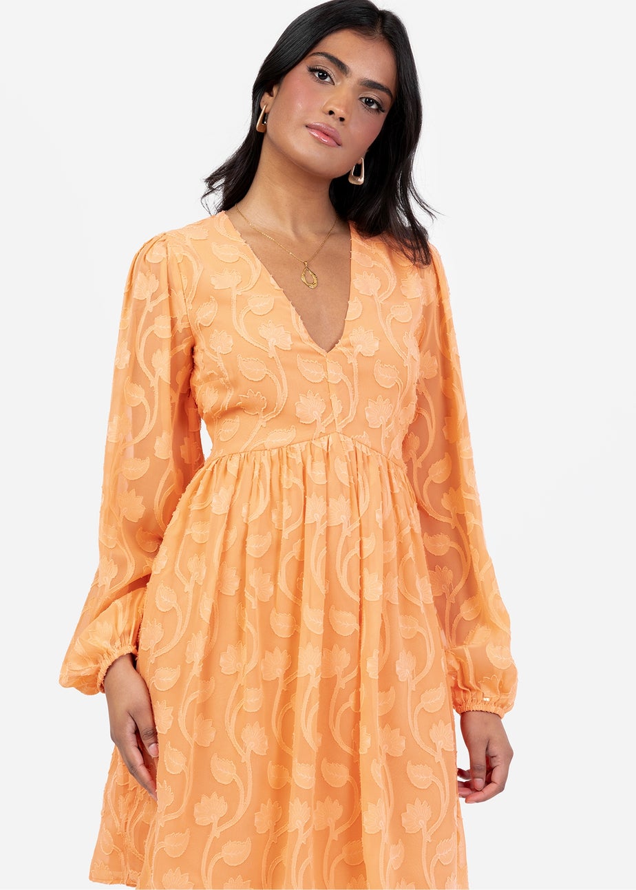 Lovedrobe Orange Puff Sleeve V-Neck Shirred Waist Mini Dress