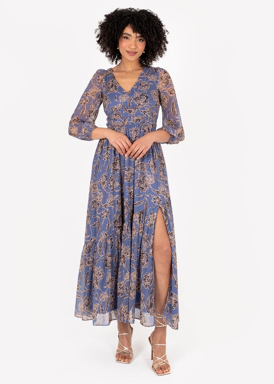Lovedrobe Blue Floral Long Sleeve Maxi Dress With Self-Tie Back