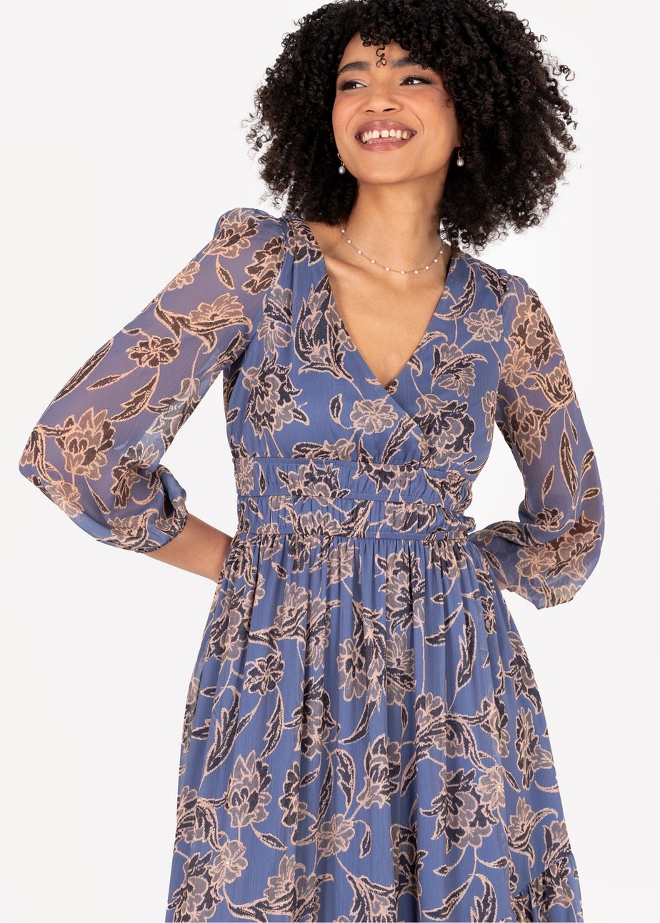 Lovedrobe Blue Floral Long Sleeve Maxi Dress With Self-Tie Back