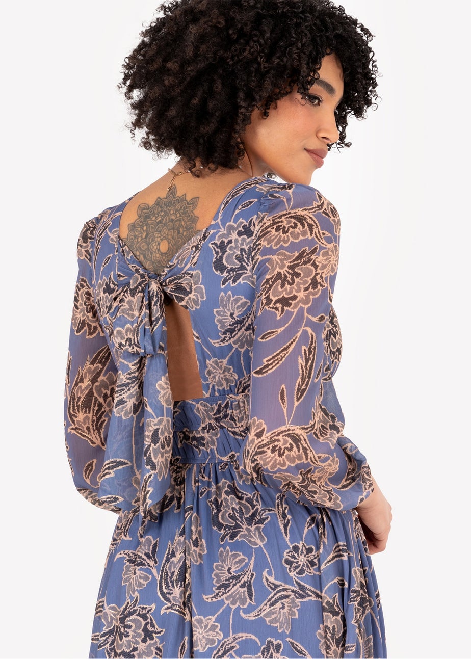 Lovedrobe Blue Floral Long Sleeve Maxi Dress With Self-Tie Back