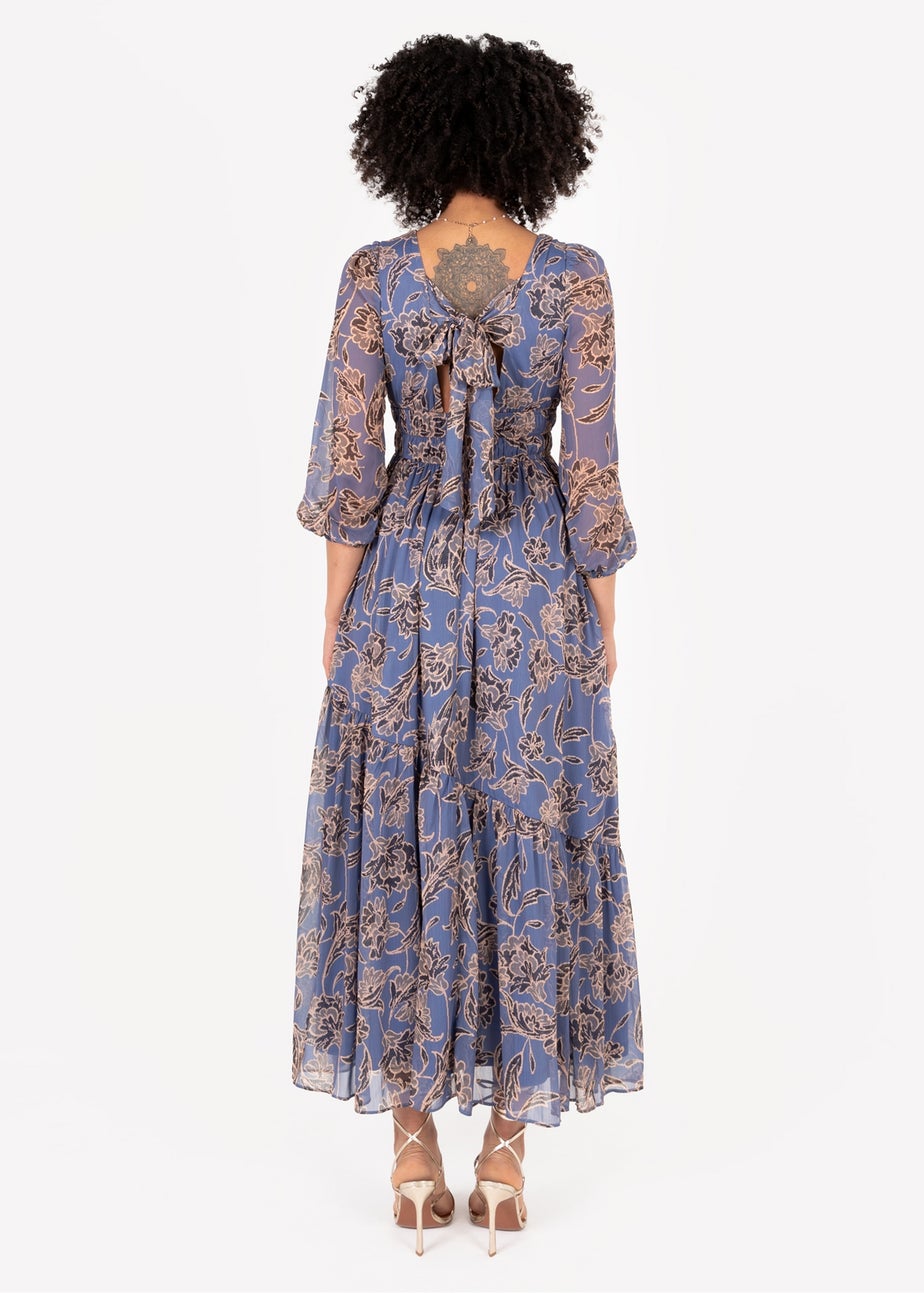 Lovedrobe Blue Floral Long Sleeve Maxi Dress With Self-Tie Back