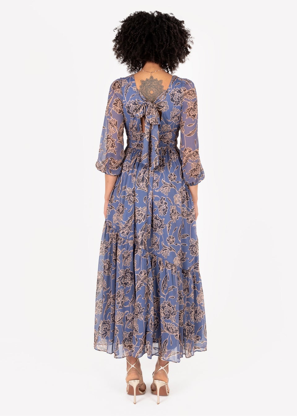Lovedrobe Blue Floral Long Sleeve Maxi Dress With Self-Tie Back