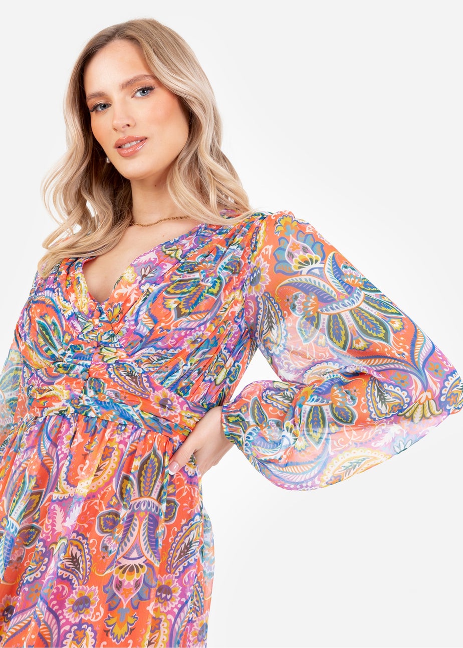 Lovedrobe Multi V-Neck Blouson Sleeve Gathered Midaxi Dress
