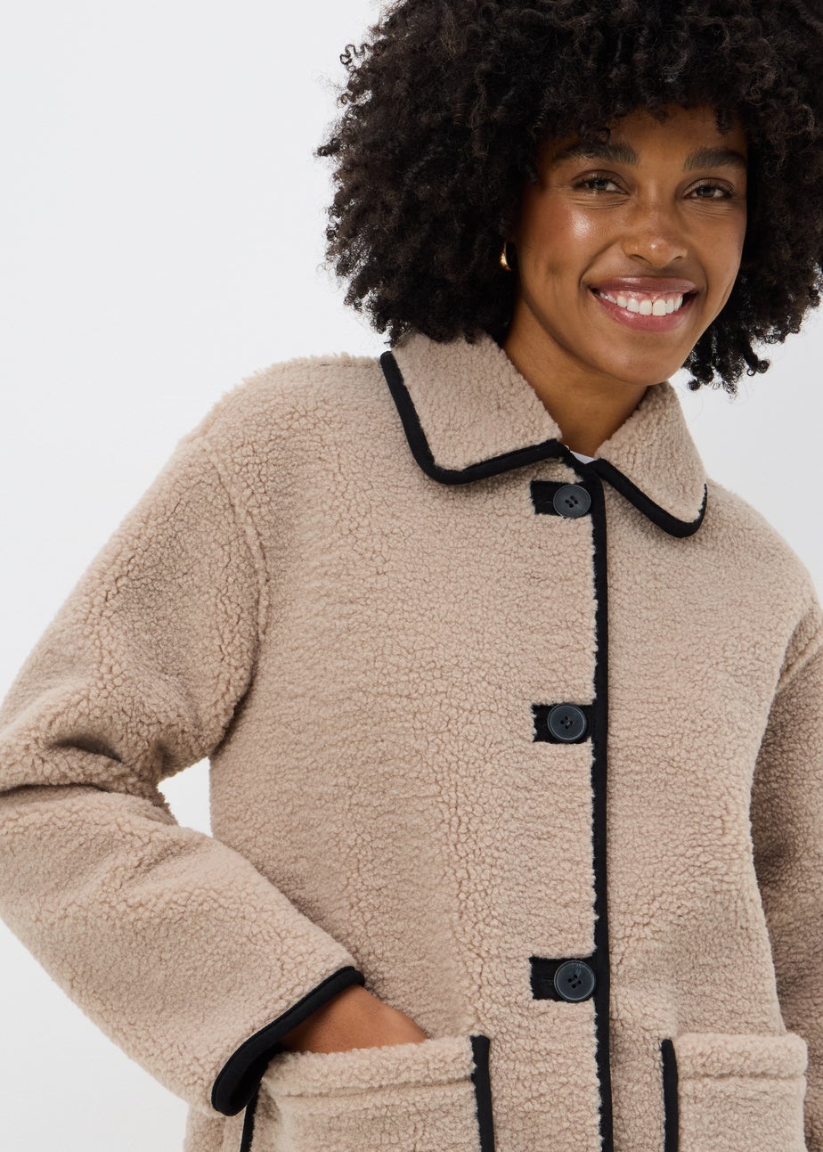 Taupe Piped Borg Teddy Coat
