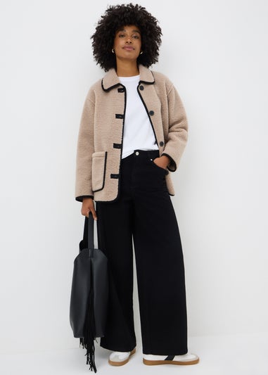 Taupe Piped Borg Teddy Coat