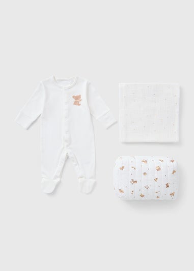 3 Piece Baby Cream Toy Sleepsuit Gift Set (Newborn-6mths)