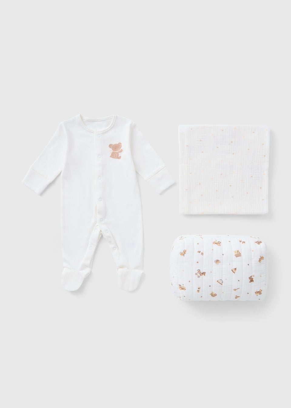 3 Piece Baby Cream Toy Sleepsuit Gift Set (Newborn-6mths)
