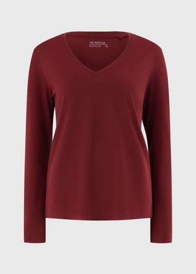 Burgundy Regular Fit V Neck Long Sleeve Top