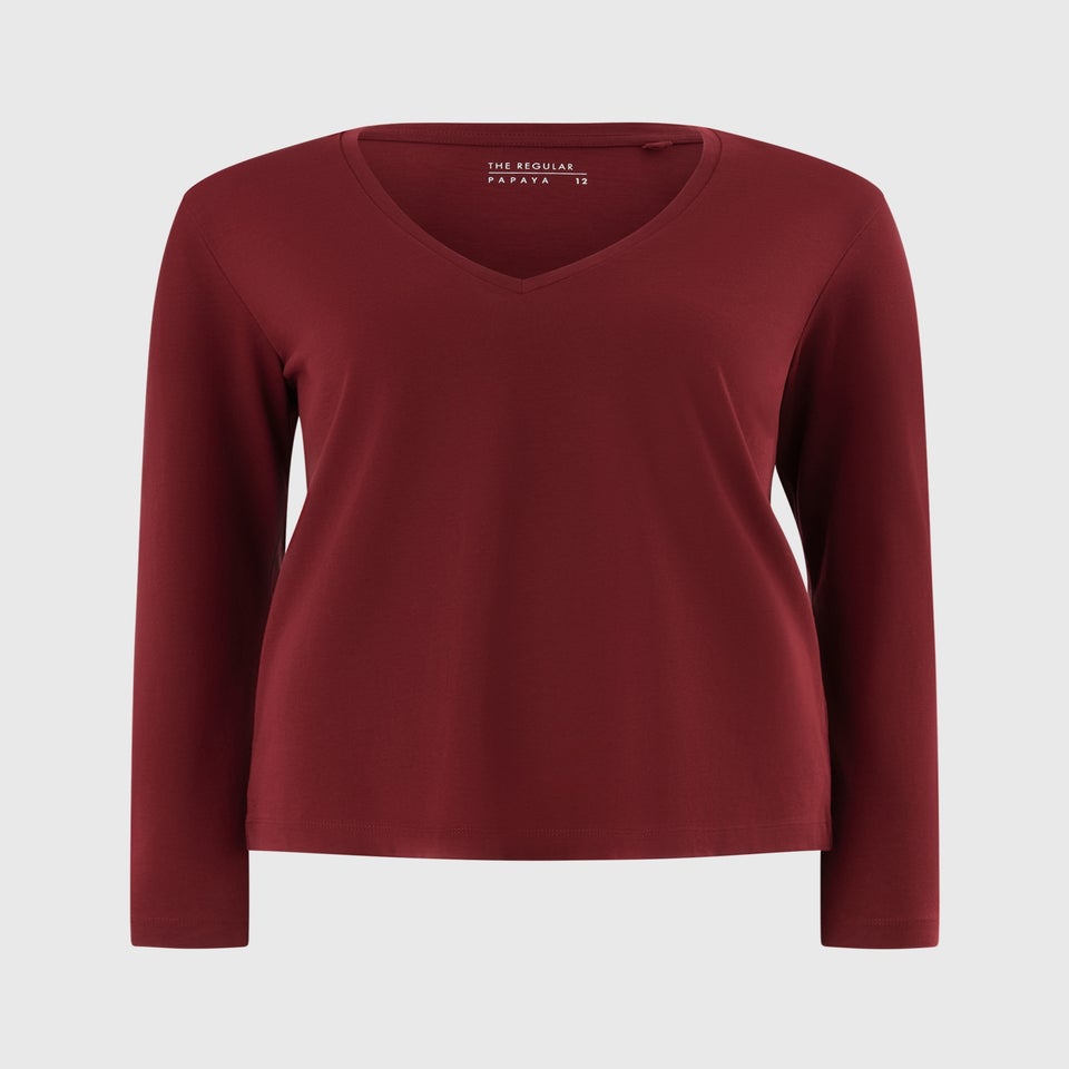 Burgundy Regular Fit V Neck Long Sleeve Top