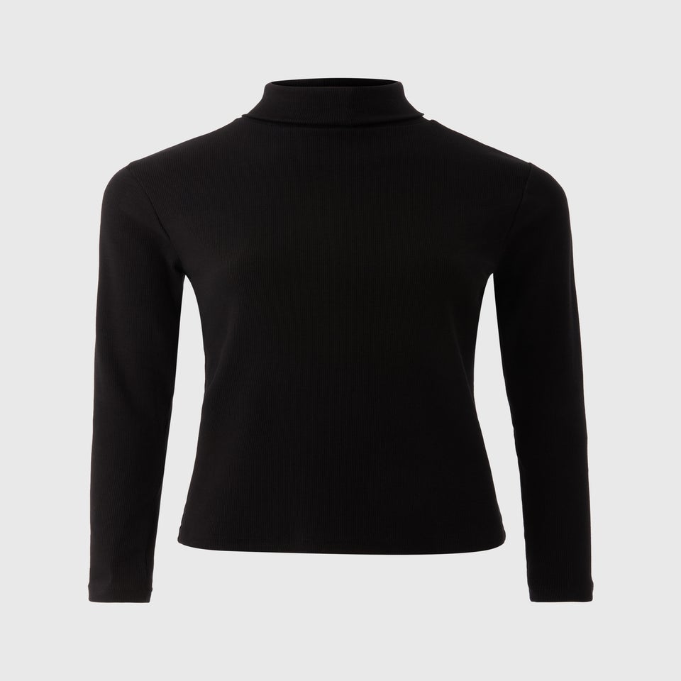 Black Ribbed High Neck Long Sleeve Top