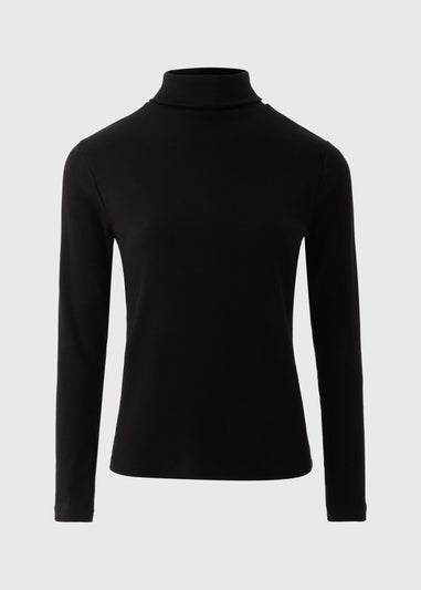 Black Ribbed High Neck Long Sleeve Top