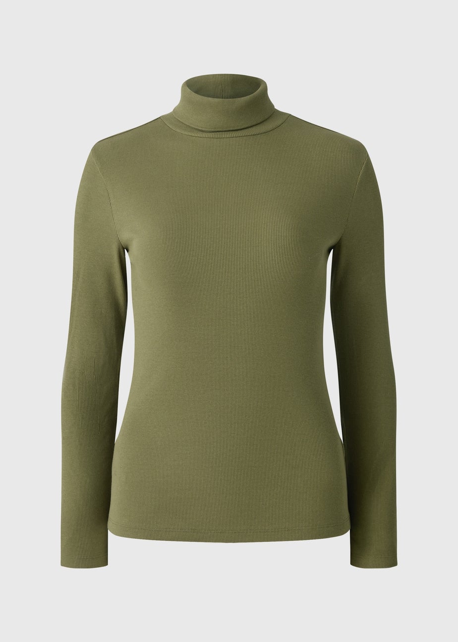 Khaki Roll Neck Ribbed Top