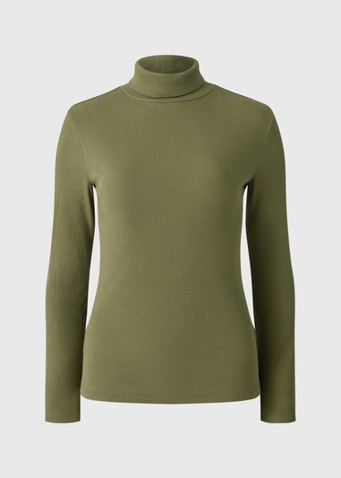 Khaki Roll Neck Ribbed Top