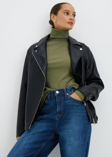 Khaki Roll Neck Ribbed Top