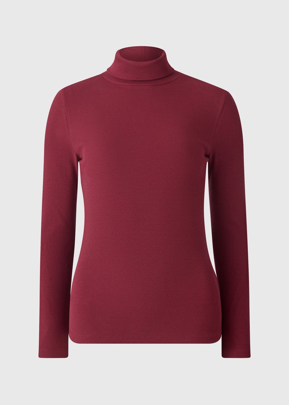 Burgundy Roll Neck Ribbed Top