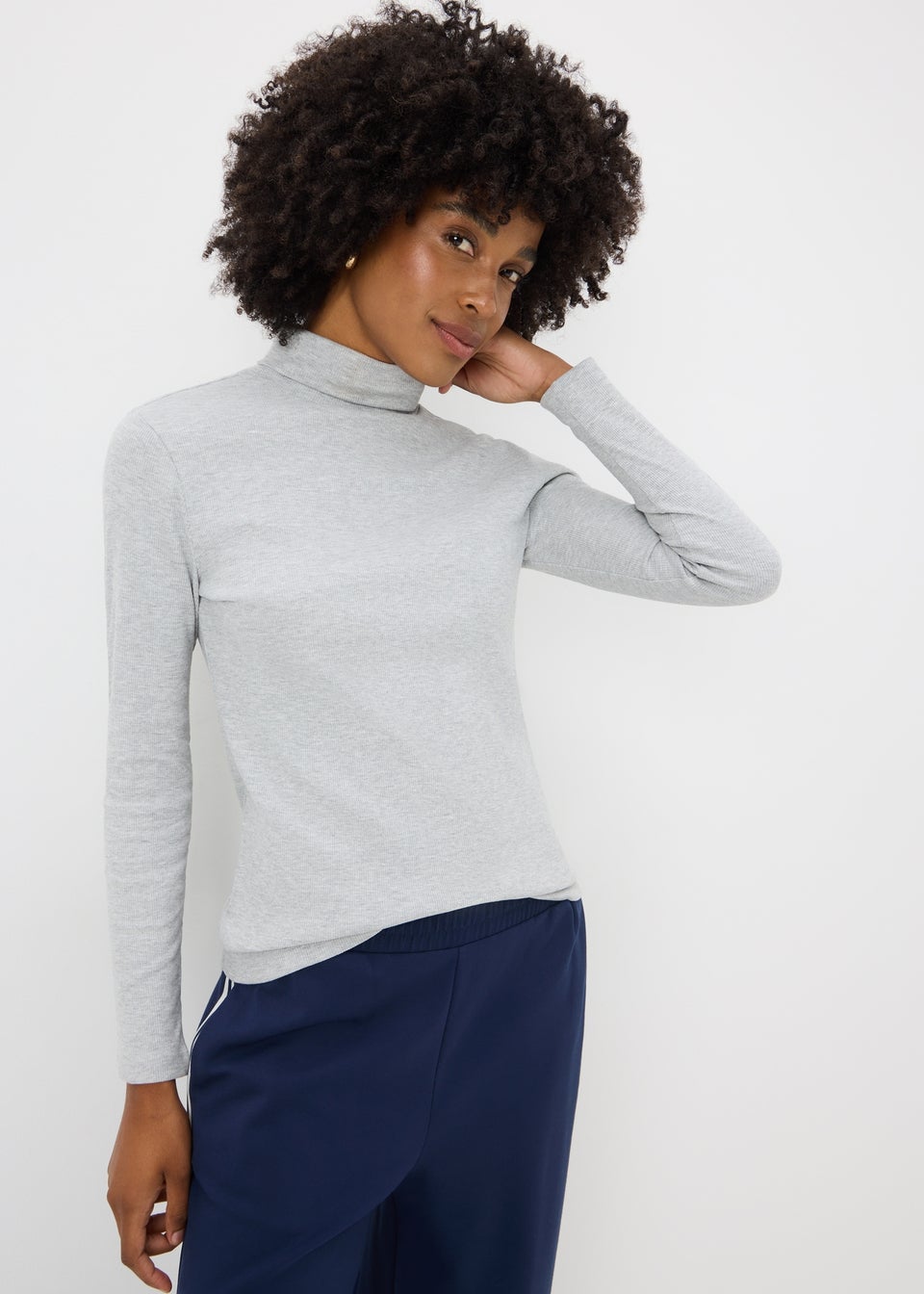 Grey Roll Neck Ribbed Top