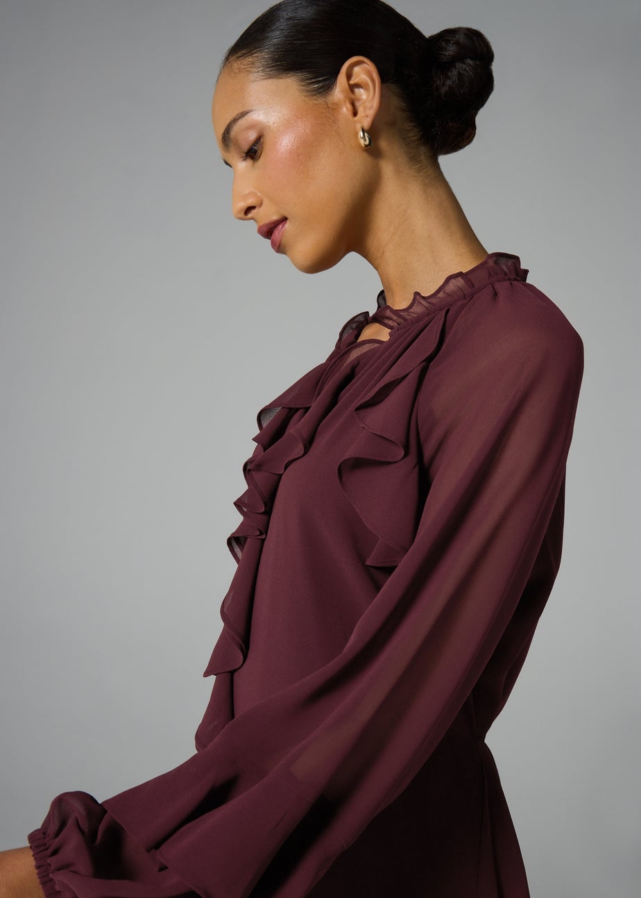 Et Vous Burgundy Frill Sleeve Boho Mini Dress