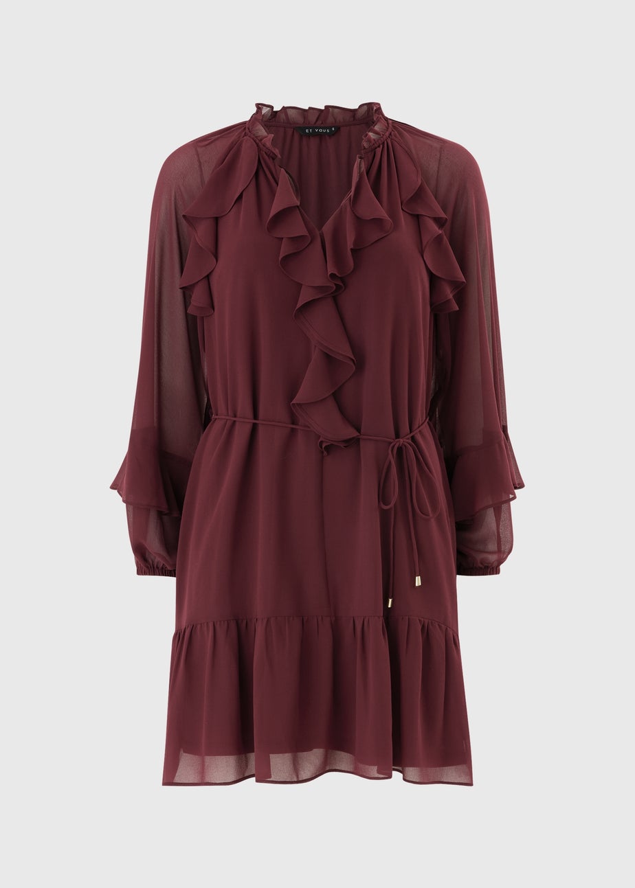Et Vous Burgundy Frill Sleeve Boho Mini Dress