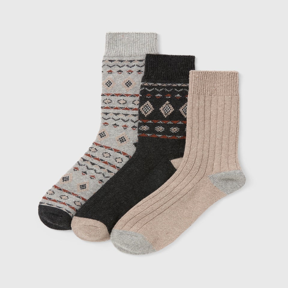 3 Pack Grey Fairisle Boot Socks