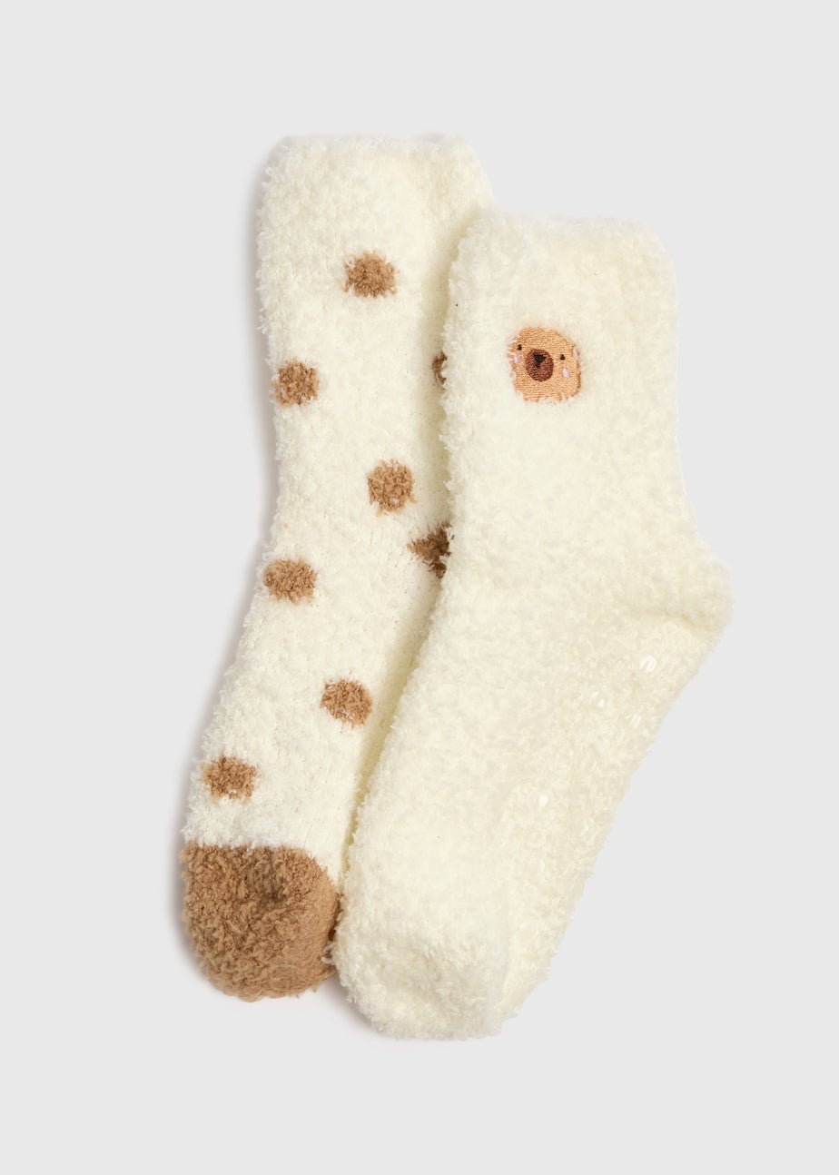 2 Pack Girls Cream Bear Fluffy Socks (Younger 6-Older 6.5)