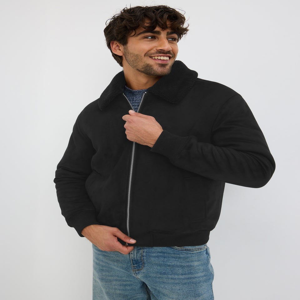 Black Borg Collar Faux Suede Jacket