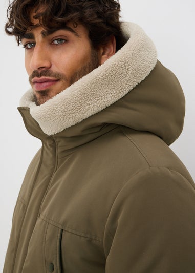 Khaki Borg Lined Hooded Parka